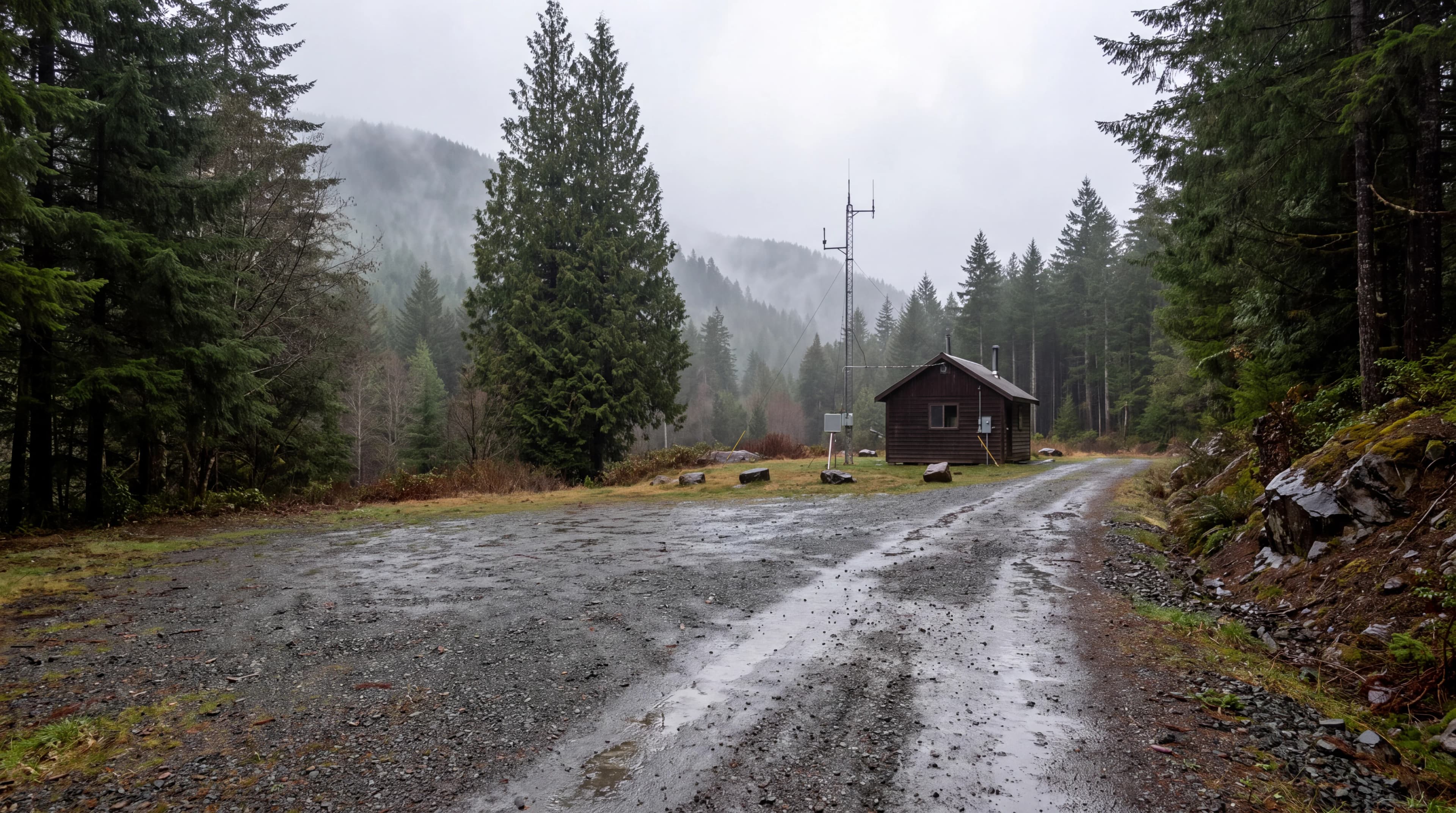 Generated forestry field station after rainfall in an evergreen forest
