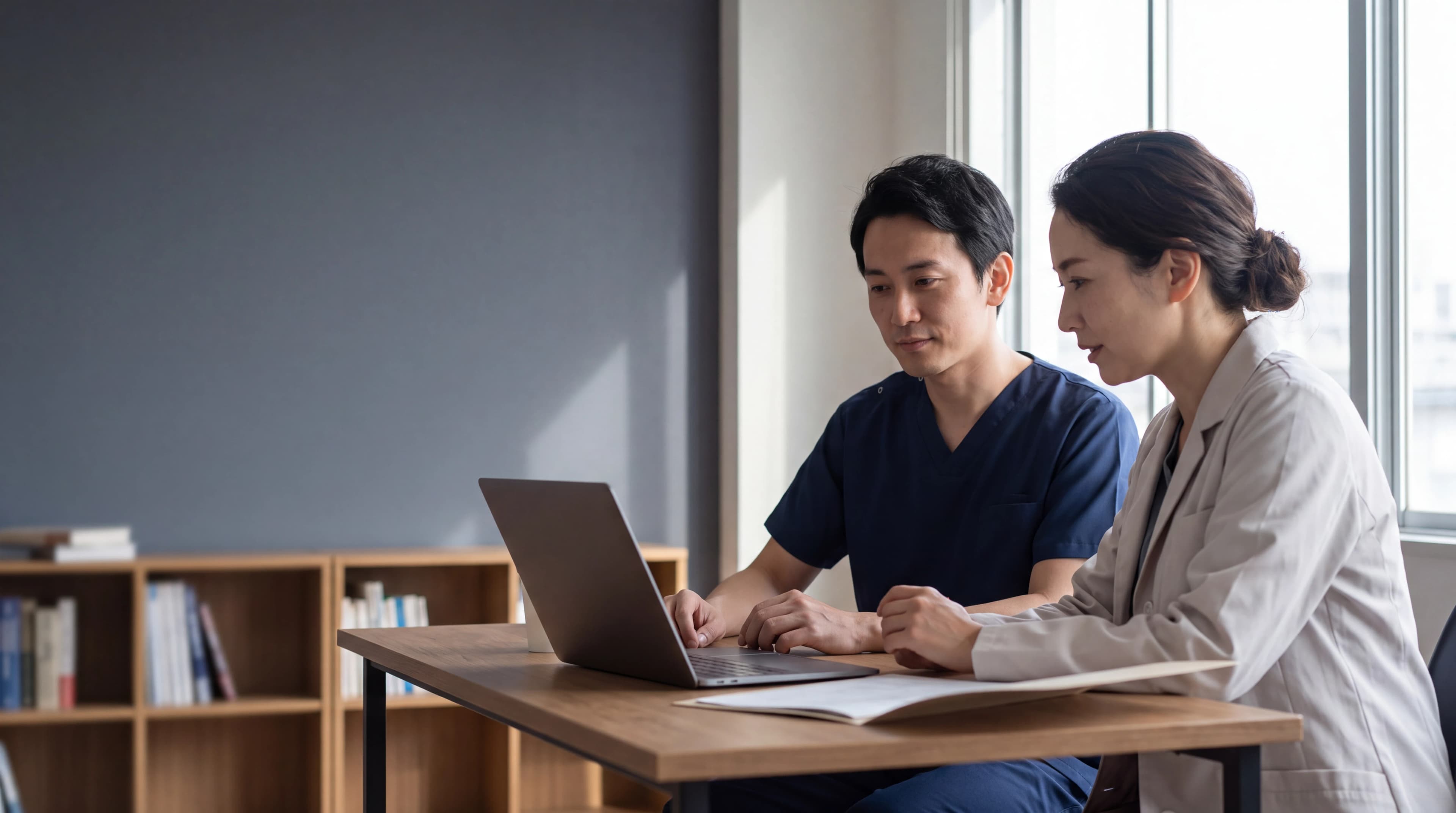Two healthcare professionals reviewing information together at a laptop