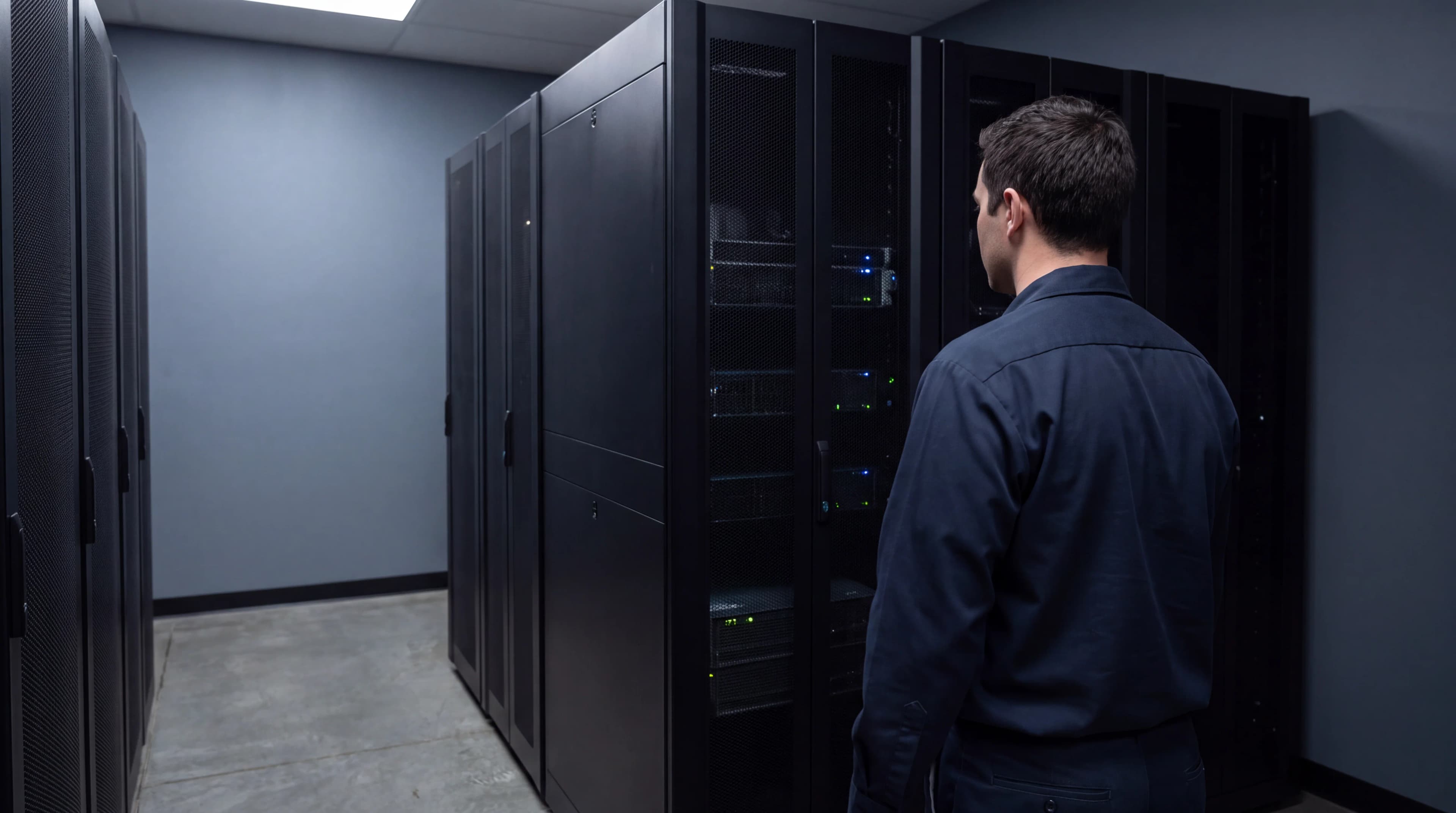 Generated operations technician beside closed server cabinets