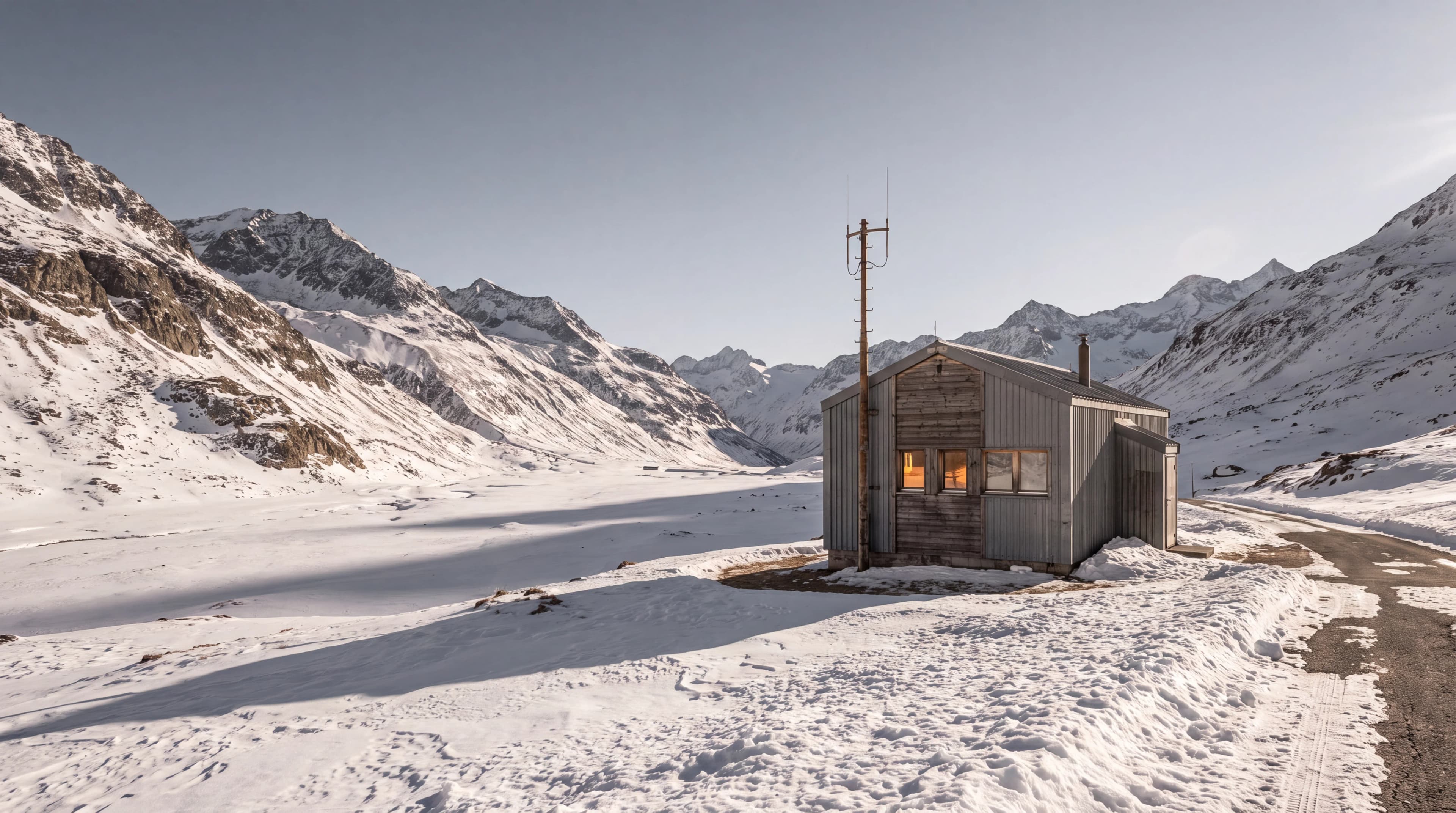 Generated research outpost in a snowy mountain valley