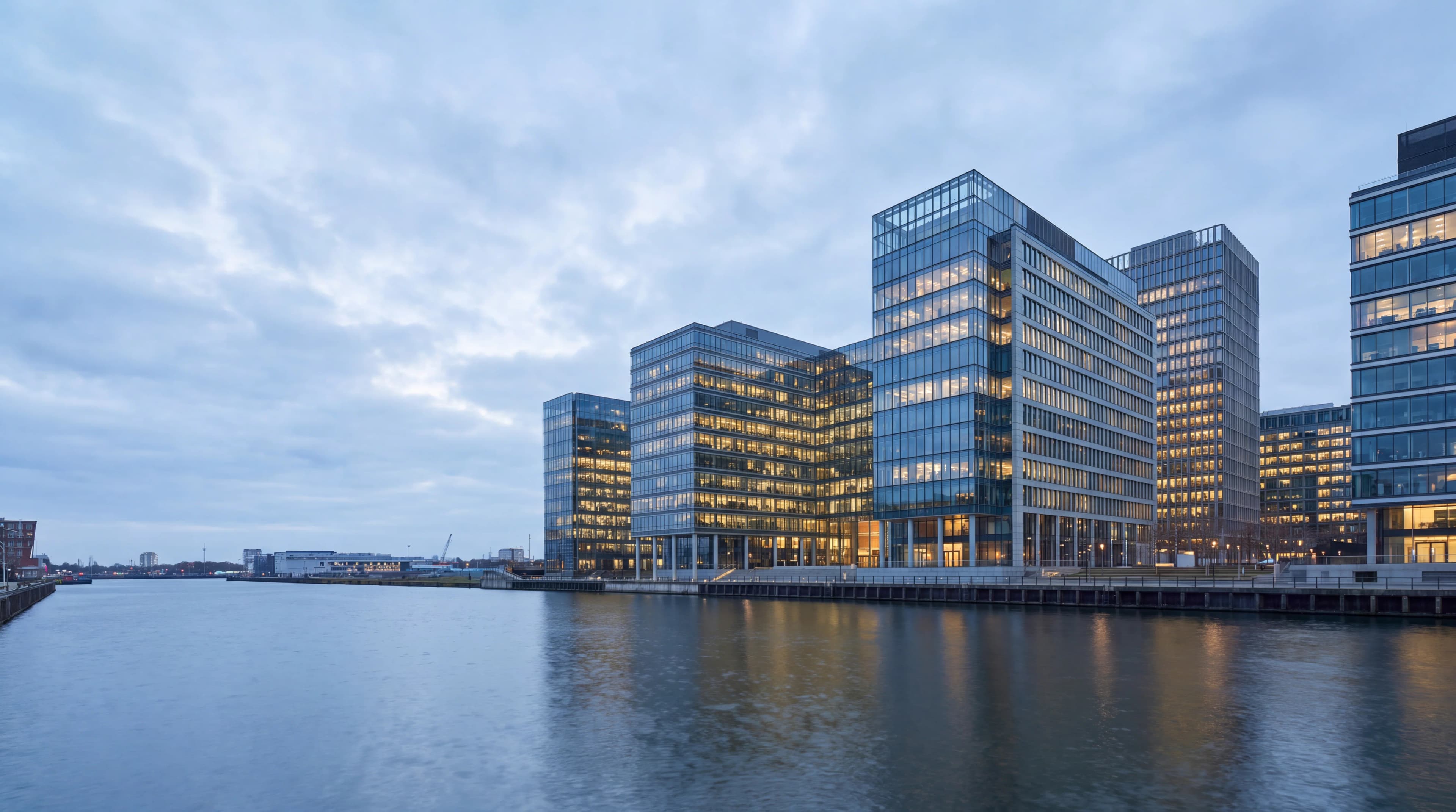 Waterfront financial district at blue hour