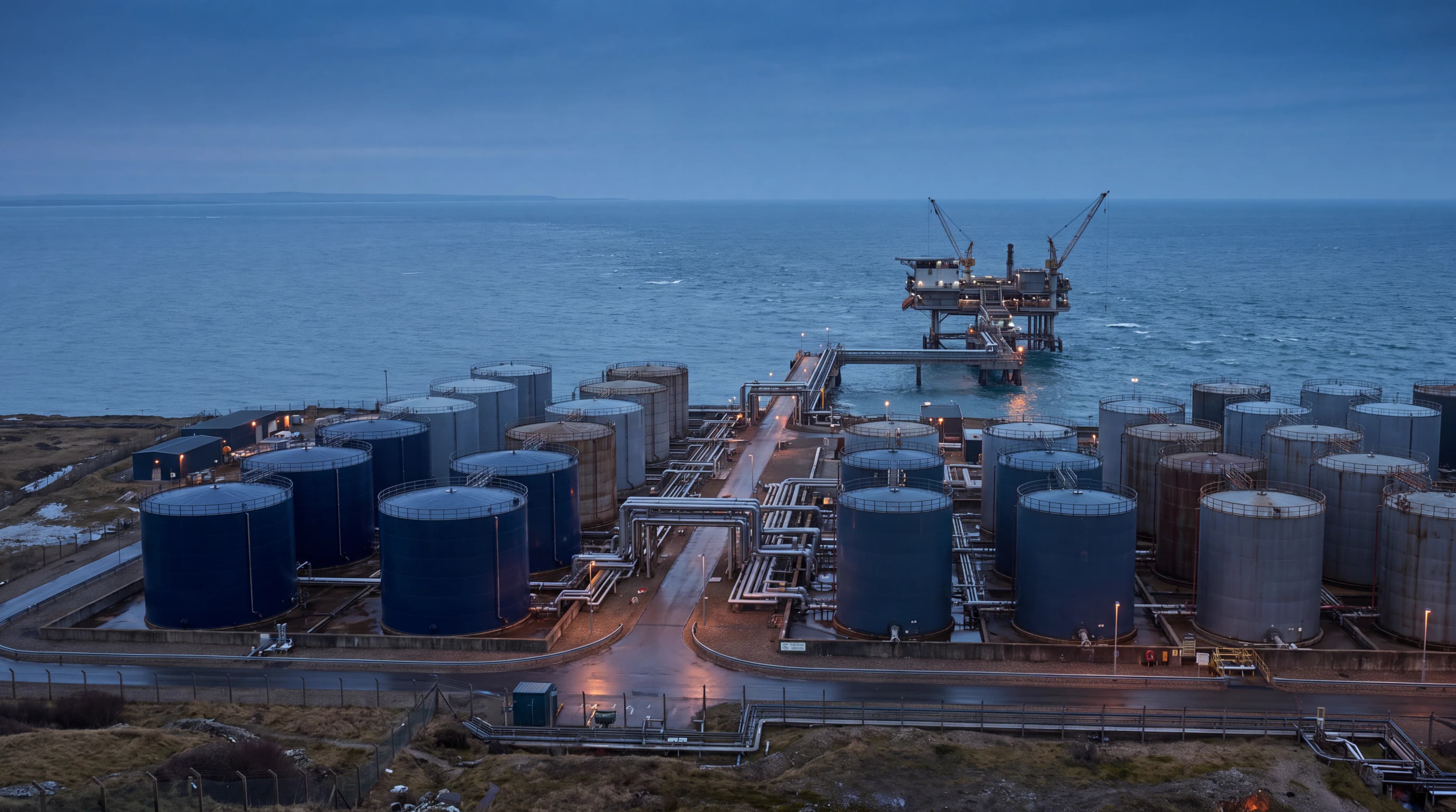 Coastal energy terminal at blue hour
