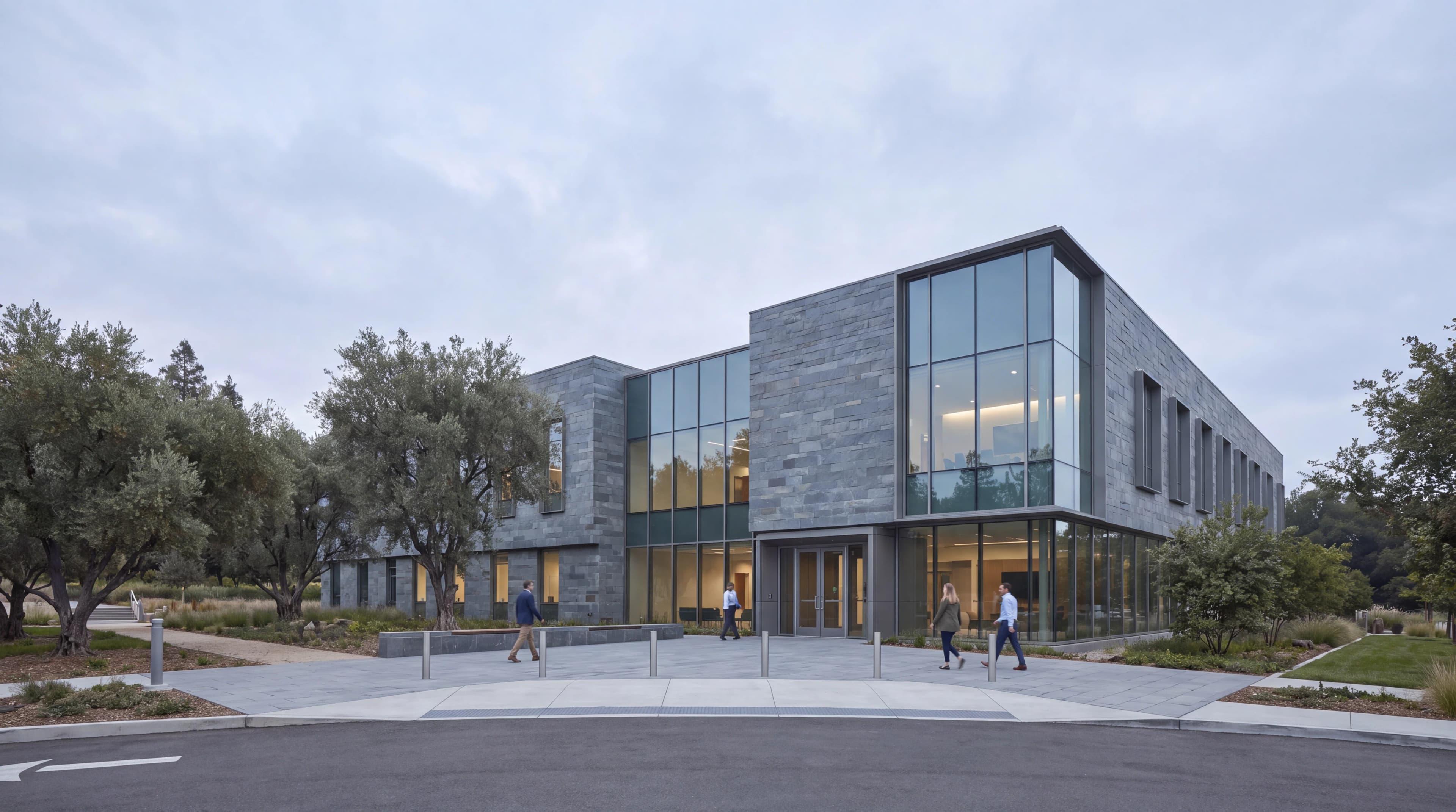 Civic services building with landscaped grounds