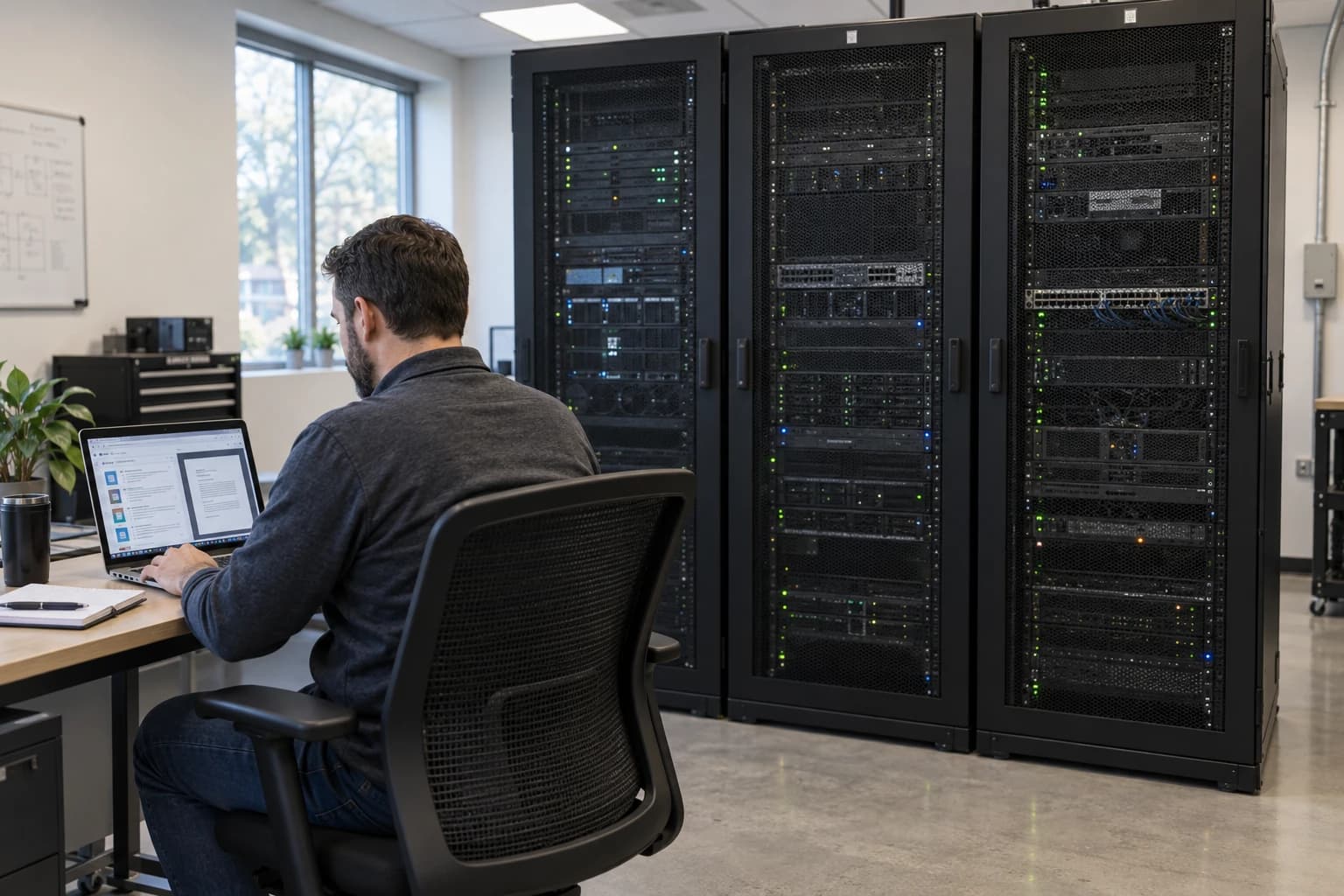 IT engineer reviewing documents on a laptop beside existing server cabinets