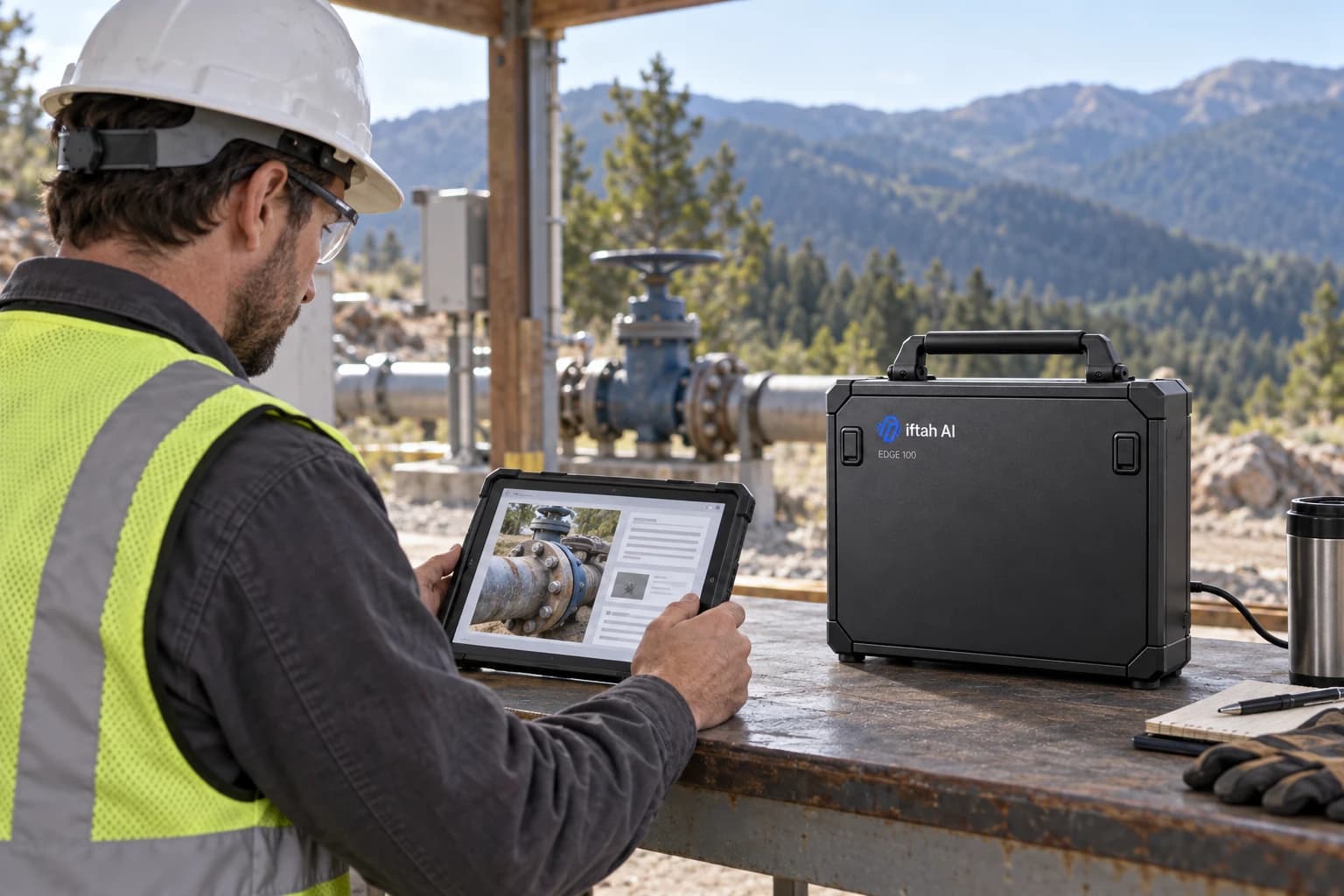 Field technician reviewing a valve inspection image on a tablet beside a portable Iftah Edge 100