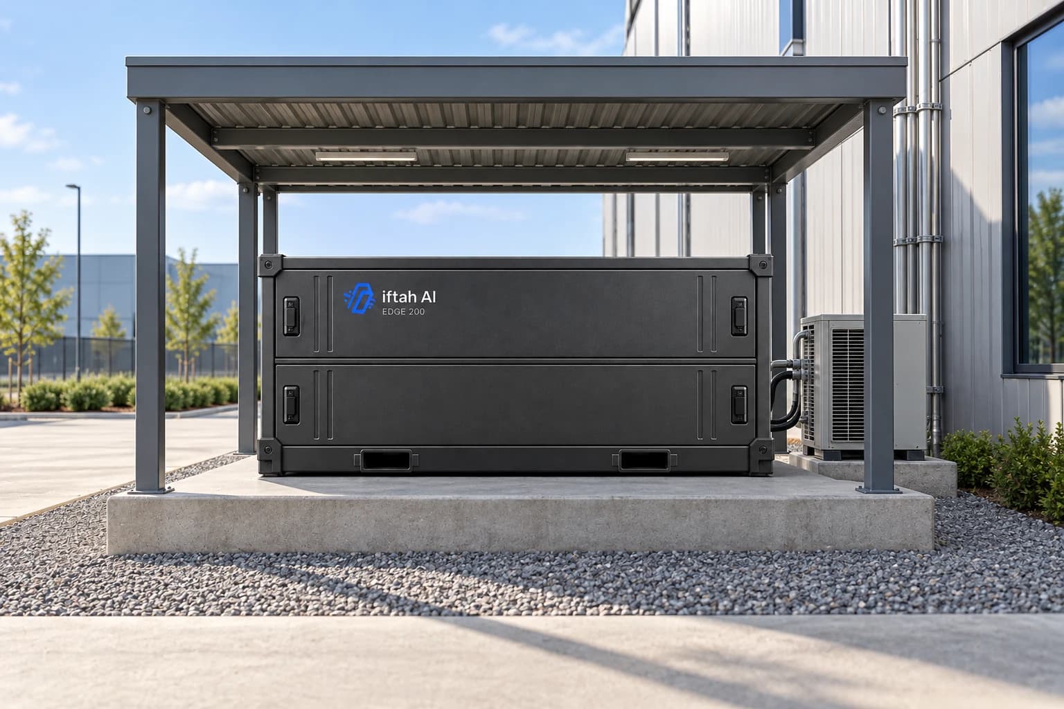 Iftah Edge 200 installed on a prepared base beneath an equipment shelter beside an industrial facility