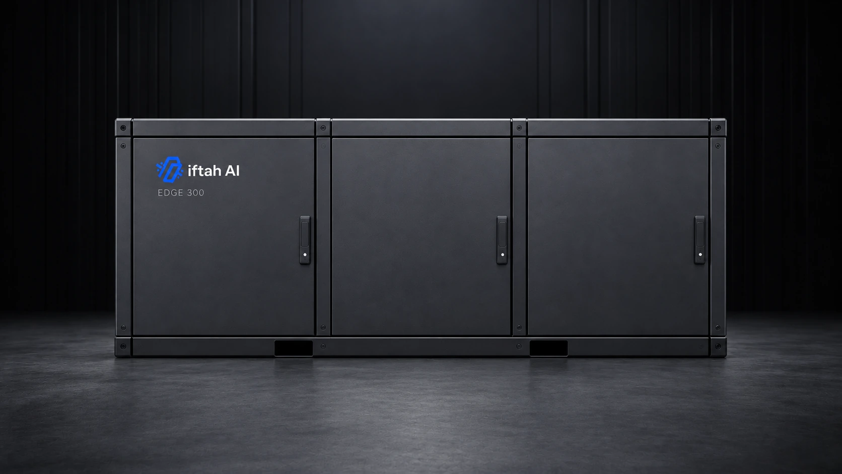 Straight-on front view of the closed Edge 300 module with three service panels and Iftah branding.