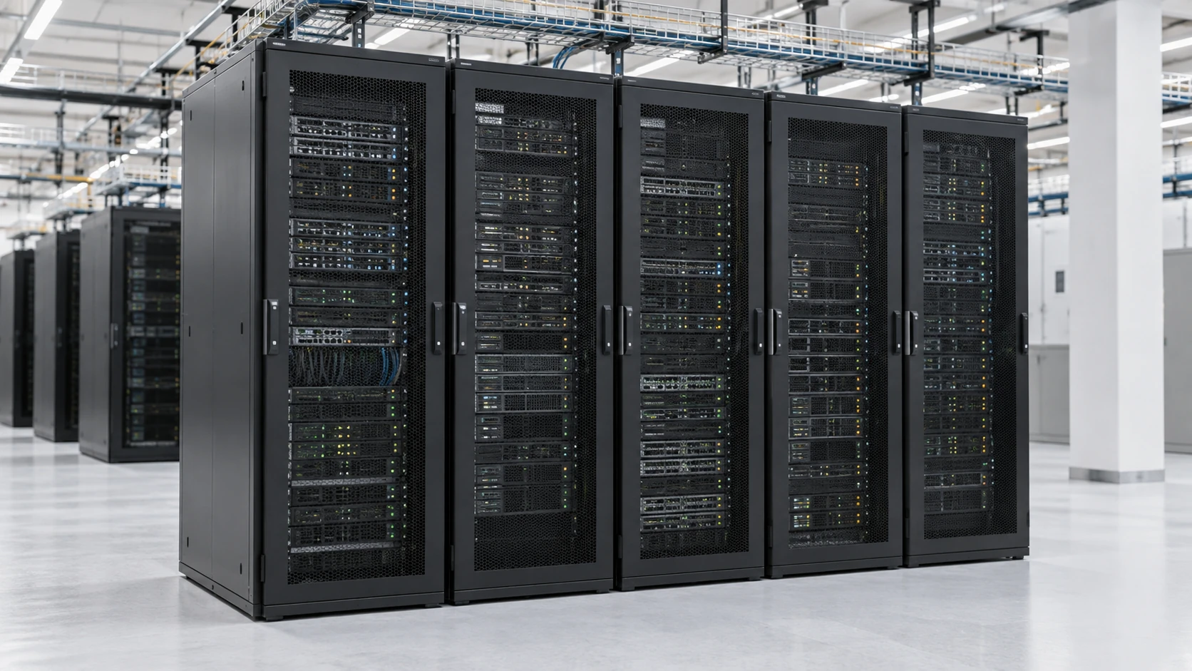 Rows of server cabinets in a bright, spacious cloud data center.