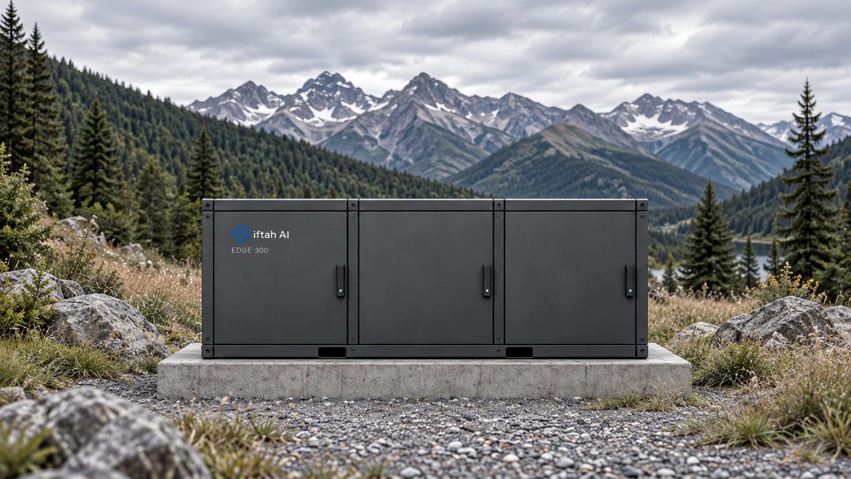 Iftah Edge 300 at a remote mountain site, with the full enclosure and landscape in view.