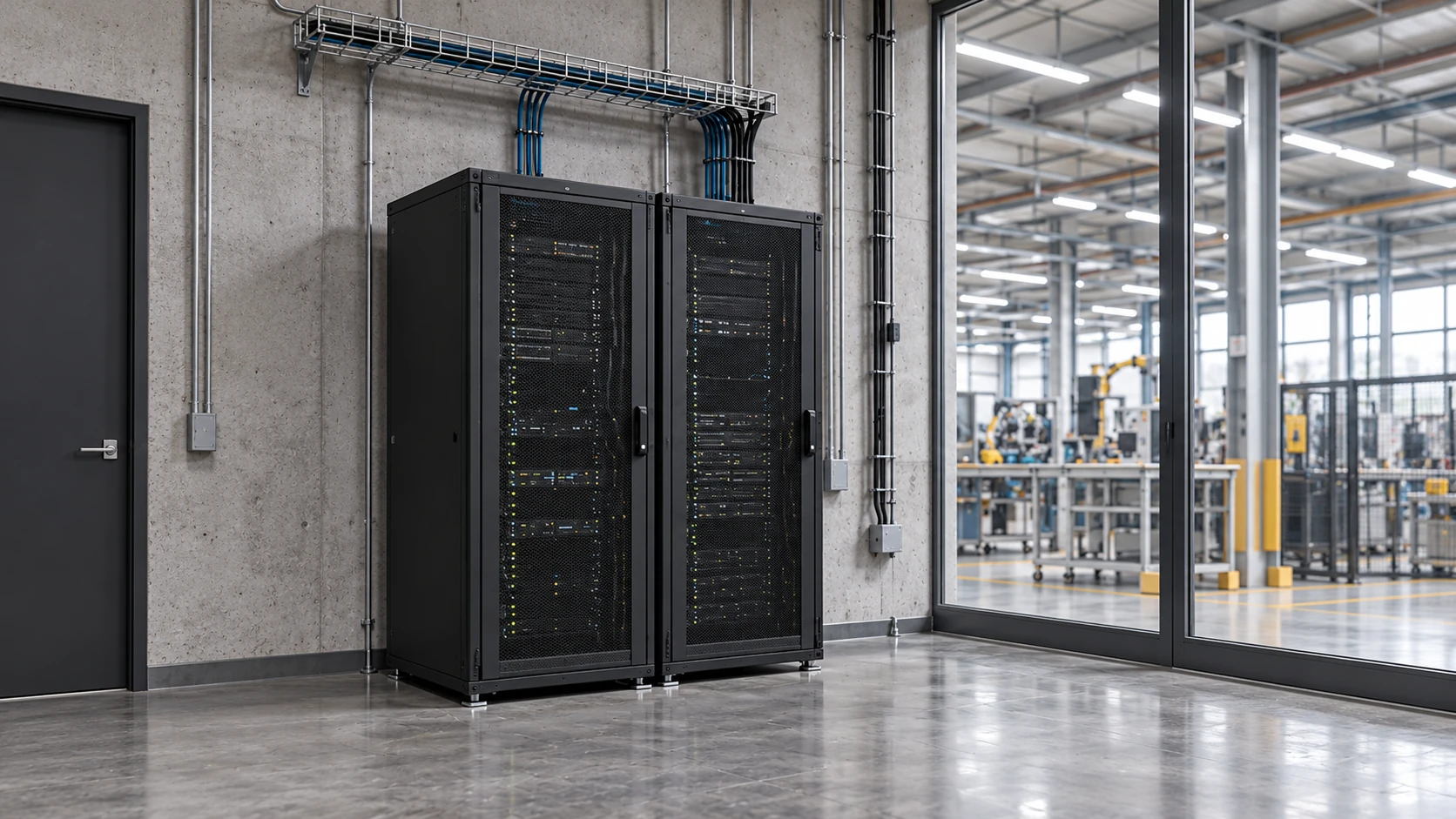 Two full-height server cabinets in a private server room overlooking an industrial facility.